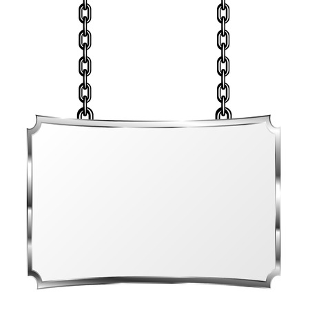 Board in a metal frame hanging on chains. Silver signboard. Isolated vector illustration.のイラスト素材