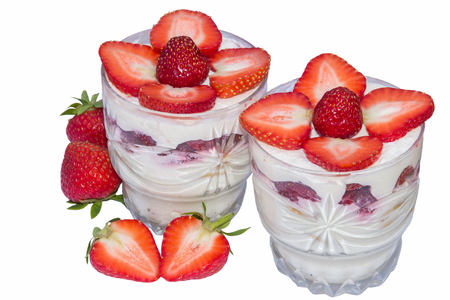 Dessert with fresh strawberries isolated on white backgroundの写真素材