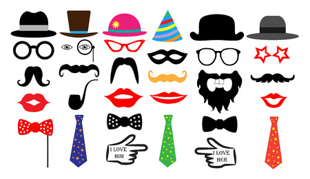 Retro party set. Glasses, hats, lips, mustaches, tie, monocle. Isolated vector.のイラスト素材