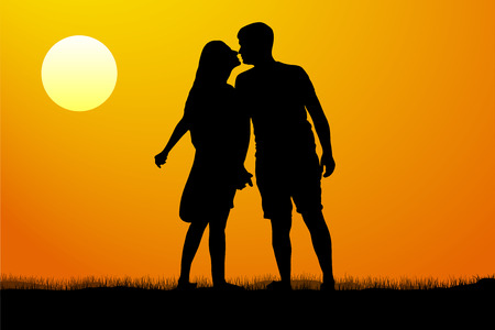 Silhouette kiss of young man and woman on sunset background, vector illustrationのイラスト素材