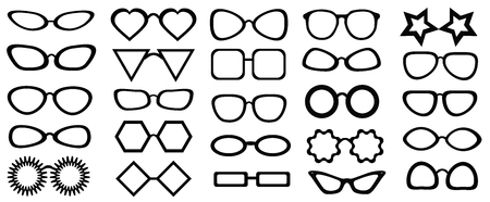 Set of glasses isolated. 25 pieces.  Vector illustration on white background. Glasses model icons, man, women frames. Different shapes, frame, stylesのイラスト素材