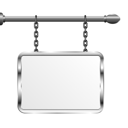 Board in a metal frame hanging on chains. Silver signboard. Isolated vector illustration.のイラスト素材