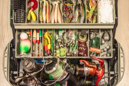 fishing gears equipment tackle box, baits fisherman reel wobblers jig float feederの写真素材