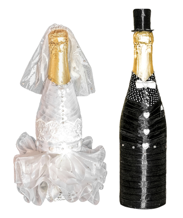 Wedding champagne bottles isolated, marriage husband and wifeの写真素材