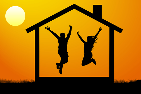 happy young couple, the family moved into their own new home at sunset vector illustrationのイラスト素材