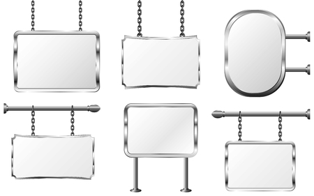 set board in a metal frame hanging on chains, silver signboard, isolated vector illustrationのイラスト素材