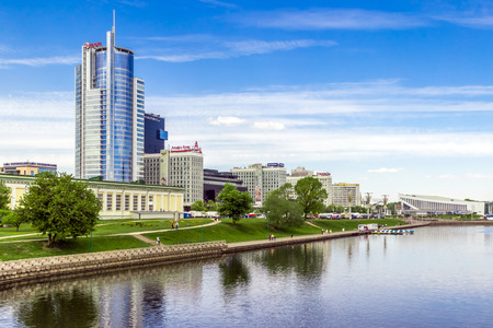 Minsk, Belarus, May 20, 2017. Royal Plaza (business center) and DoubleTree by Hilton Hotel Minsk on quay of Svisloch Riverのeditorial素材