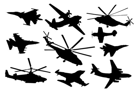Airplane, helicopter set. Military aircraft silhouette vector collection. Air transportのイラスト素材