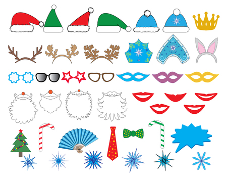 New year party set. Glasses, hats, lips, beard, antler, kokoshnik, crown, mask, snowflake and all. Vector.のイラスト素材