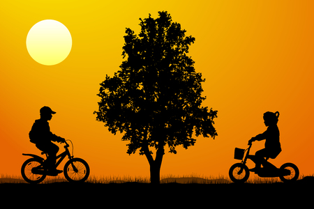 Meeting of children on bicycles near a tree at sunset, silhouette vectorのイラスト素材