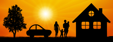 Family, surrounded by nature near a house, car, tree. Man and woman with children at sunset vector silhouetteのイラスト素材