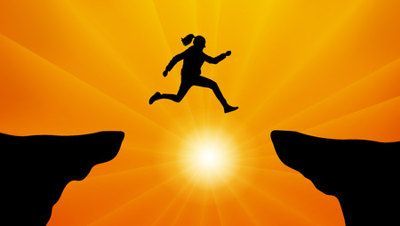 Silhouette the girl jumping over the gap at sunset. Jump from the cliffのイラスト素材