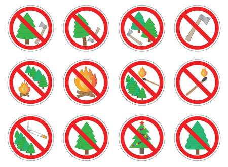 Set of prohibition signs of action in forest, vectorのイラスト素材