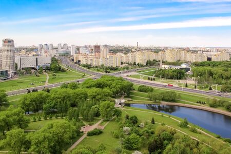 Aerial view of the intersection of prospectuses of Winners and Masherova, Stella, Park. Minsk, Belarus 20 may 2017.のeditorial素材