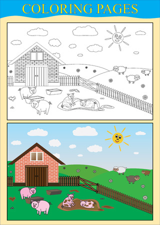 Coloring page of a farm with animals. A vector illustration.のイラスト素材