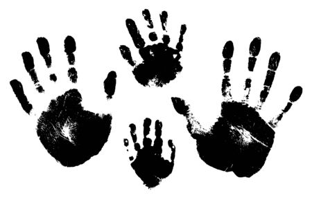 Handprints of a man, a woman, a child. Vector silhouette on white background.のイラスト素材