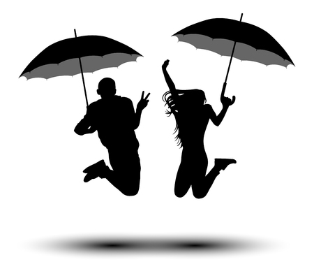 Man and woman with umbrellas in jumping silhouette. People with parasol from the rain. Vector on white backgroundのイラスト素材