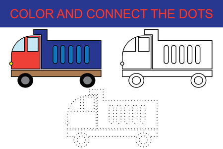 Cartoon dump truck. Dot to dot educational paper game for preschool children. Coloring page.のイラスト素材