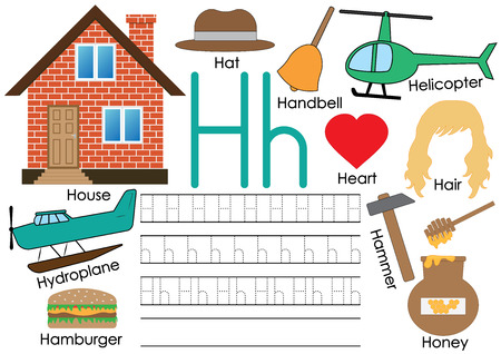 Letter H. Learning English alphabet with pictures. Writing practice. Vector illustration.のイラスト素材