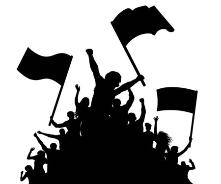 An illustration of the crowd in a triangular position holding a flag in silhouette.