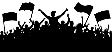 Silhouette cheer crowd people. Audience cheering applause, clapping. Cheerful sports fan. Mob soccer banner. Party music concert. Demonstration, protest, strike, revolution, riot. Isolated vectorのイラスト素材