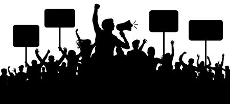 Crowd of people silhouette vector. Transparent, protest slogans. Speaker, loudspeaker, orator, spokesman. Applause of a cheerful people mob. Sports fans. Demonstration banner. Meeting of peopleのイラスト素材