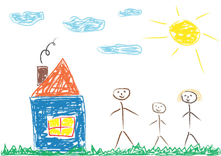 Ð¡hildren's drawing of family (mother, father and child) and house, vectorのイラスト素材