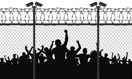 Enraged crowd of people are behind bars. Fence wire mesh barbed wire, vector silhouette. Street camera on the pillarのイラスト素材