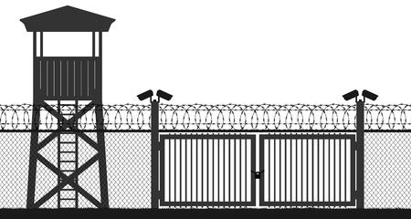 Checkpoint, prison tower, protection territory, watchtower, state border,military base. Street camera on the pillar. Block post, gate. Fence wire mesh barbed wire, seamless vector silhouetteのイラスト素材