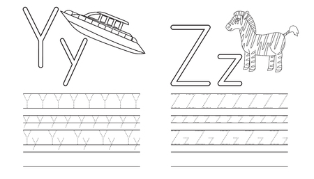 Writing practice of letters Y,Z. Coloring book. Education for children. Vector illustrationのイラスト素材
