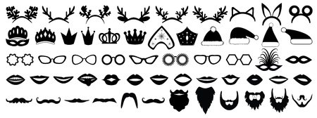 Photo booth props. New year (Christmas) party set. Glasses, hats, lips, beard, antler, kokoshnik, crown, mask. Vector illustration.のイラスト素材