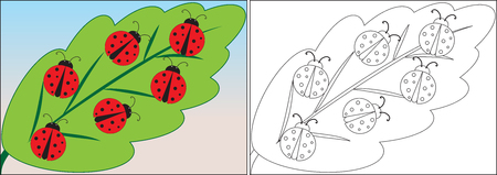 Coloring book for children. Ladybugs cartoon on leaf. Vector illustration.のイラスト素材