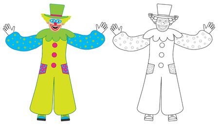 Cheerful clown welcomes, colorful and coloring book. Vector illustrationのイラスト素材