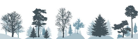 Set of winter forest, silhouette of different trees. Vector illustration.のイラスト素材