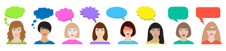 Beautiful women faces with thinking set, isolated. Vector illustrationのイラスト素材
