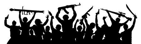 Armed terrorists. Crowd of military people with weapons. Shooting game airsoft paintball. Military silhouette of soldiers. Army team co workers. Vector illustrationのイラスト素材