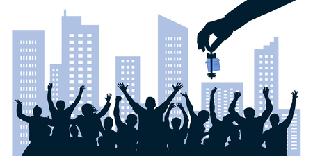 Cheerful crowd of people gets the keys to the house. Apartments from the property developer. Hand is holding keys on the background of the city. Vector illustration silhouetteのイラスト素材