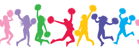 Seamless pattern of colorful silhouettes of jumping girls with poms (cheerleaders). Vector illustrationのイラスト素材