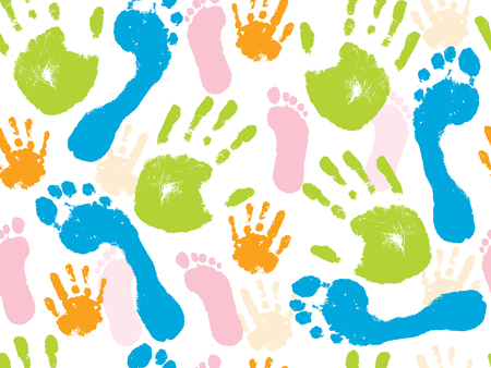 Colorful seamless pattern of the human palm of the hand and foot. Vector illustrationのイラスト素材