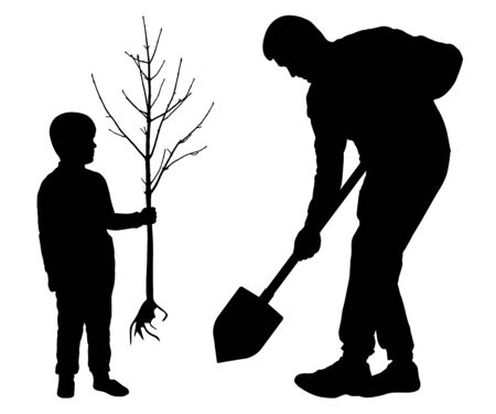 Planting tree with baby. Man holds a spade and child holds a tree seedling. Silhouette vector on white backgroundのイラスト素材