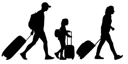 People with suitcases go on a trip. Family with a child goes on vacation. Vector silhouetteのイラスト素材