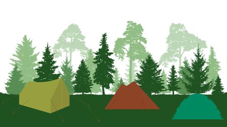 Silhouettes of tents and forest (fir trees and pines), camp. Vector illustrationのイラスト素材