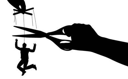 Free from manipulation. Puppet. Human manipulation. Exemption from slavery. Silhouette vector illustrationのイラスト素材