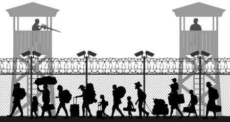 Group of walking refugees. Crowd migration. People behind barbed wire. State border checkpoint. Silhouette vector illustrationのイラスト素材