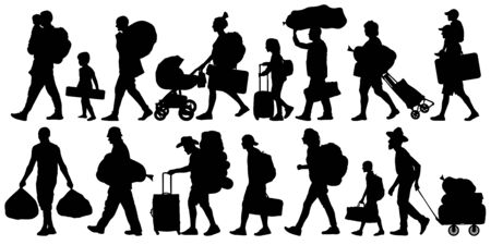 Silhouette people with bags and suitcases. Person with backpack. Isolated set of vector illustrationのイラスト素材