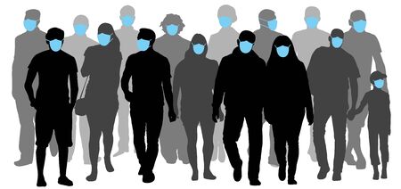 Group of people wearing medical masks to prevent disease flu. Contaminated air. Silhouette vector illustrationのイラスト素材