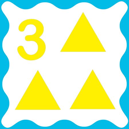 Card number 3 (three) and triangle. Learning numbers and geometric shapes, mathematics. Game for children. Vector illustration.のイラスト素材