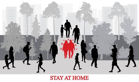 Infected people by coronavirus (COVID-19) walking among healthy people in park. Stay at home to be healthy. Vector illustration.のイラスト素材