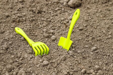 Garden tools in soilの写真素材