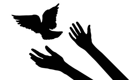 Flying bird from woman's hands, symbol of freedom or victory, isolated silhouette. Vector illustrationのイラスト素材